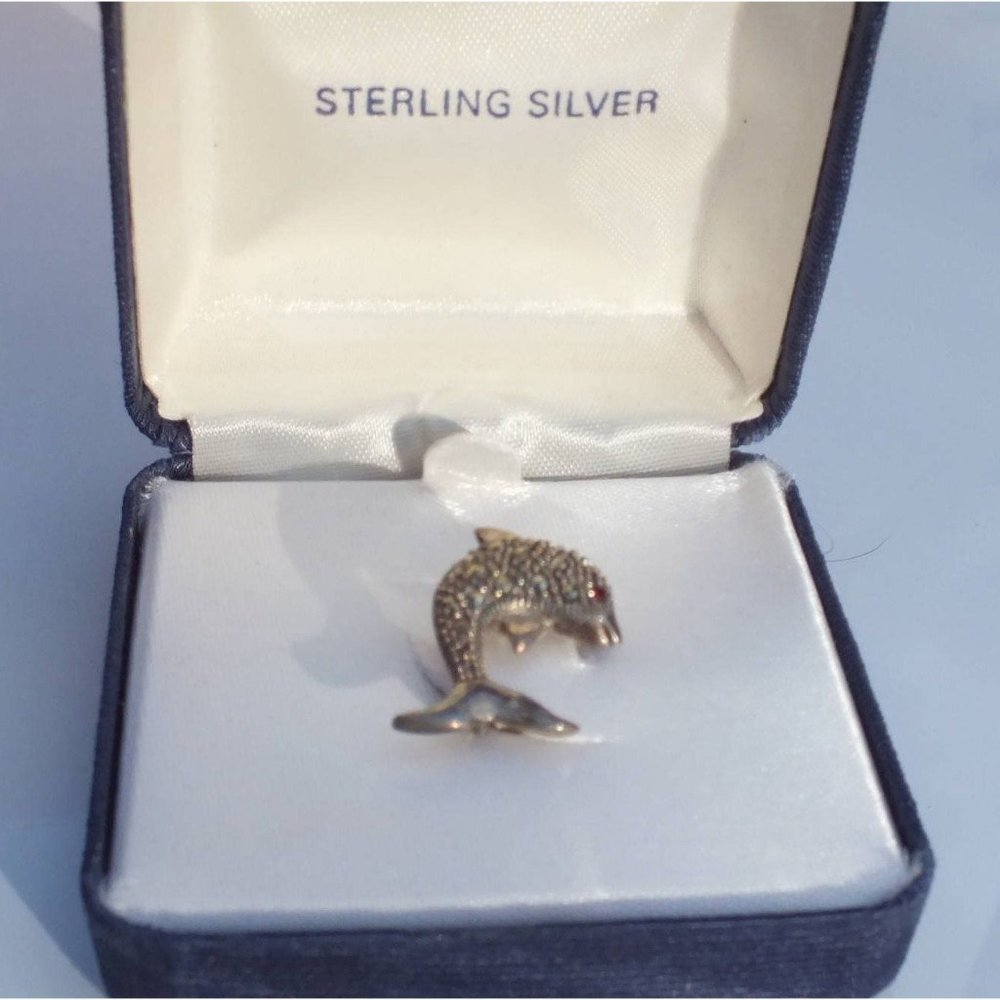 Sterling Silver Dolphin Brooch With Red Gem Eye and Storage Box, Silver Accents
